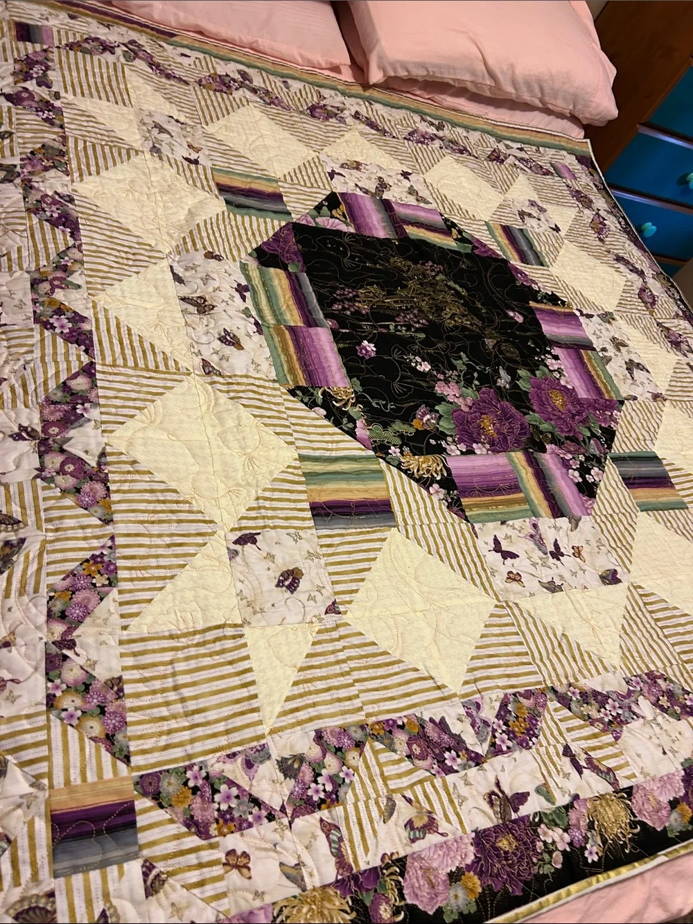 ONE OF A KIND - HANDCRAFTED Purple, gold and off-white Quilt.